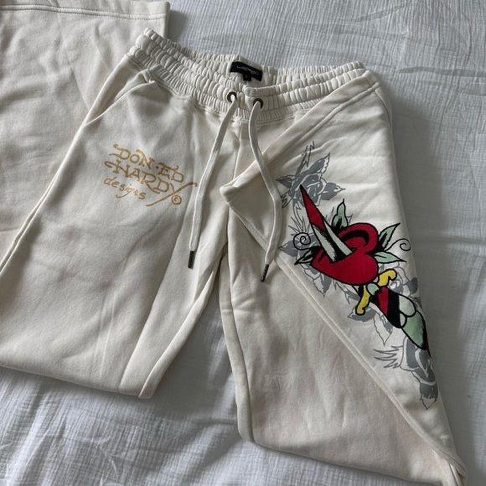 Ed Hardy Cream Joggers with Vibrant Tattoo Art
